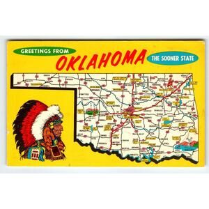 Greetings From Oklahoma Map Postcard Sooner State Postcard Crocker Chrome 1968